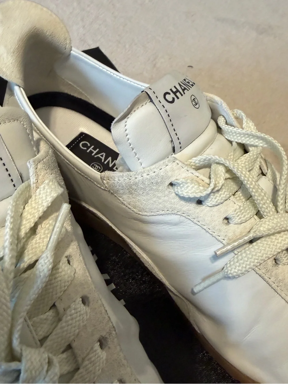 CHANEL White & Black Leather Sneakers